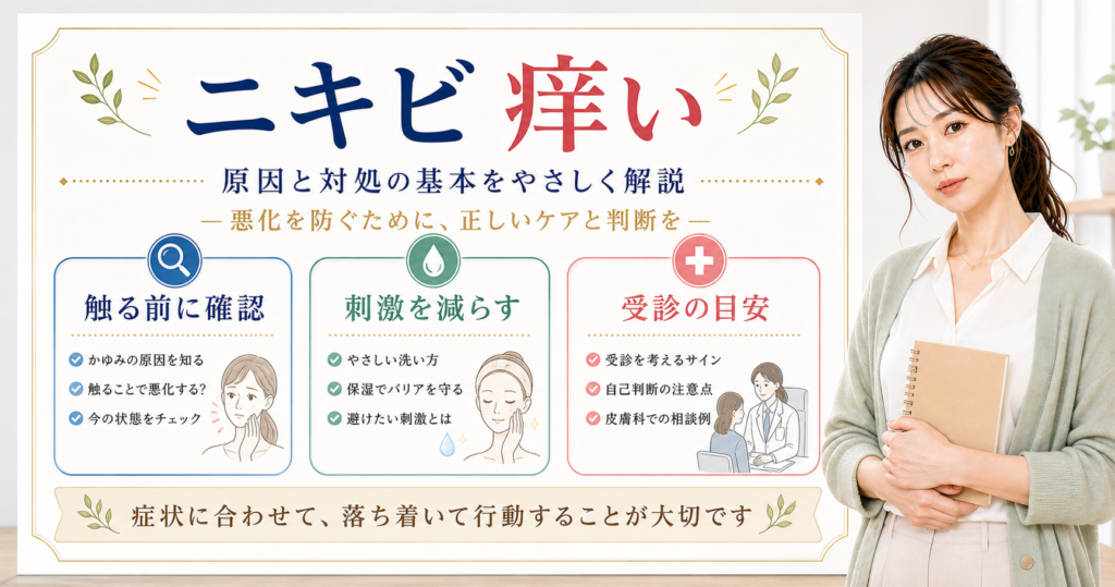 ニキビが痒いときの確認ポイントを整理したアイキャッチ