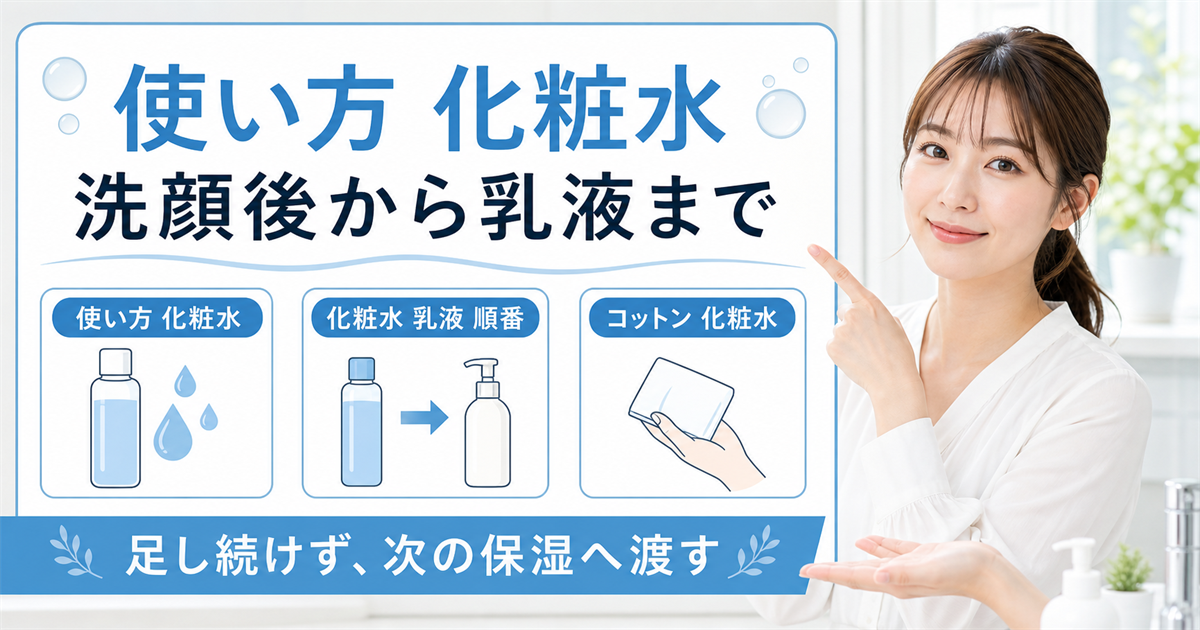 化粧水の使い方と洗顔後から乳液までの順番を示すアイキャッチ