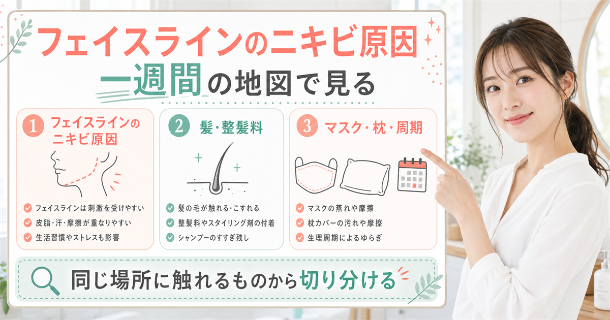 フェイスラインのニキビ原因を髪やマスクや枕から切り分けるアイキャッチ