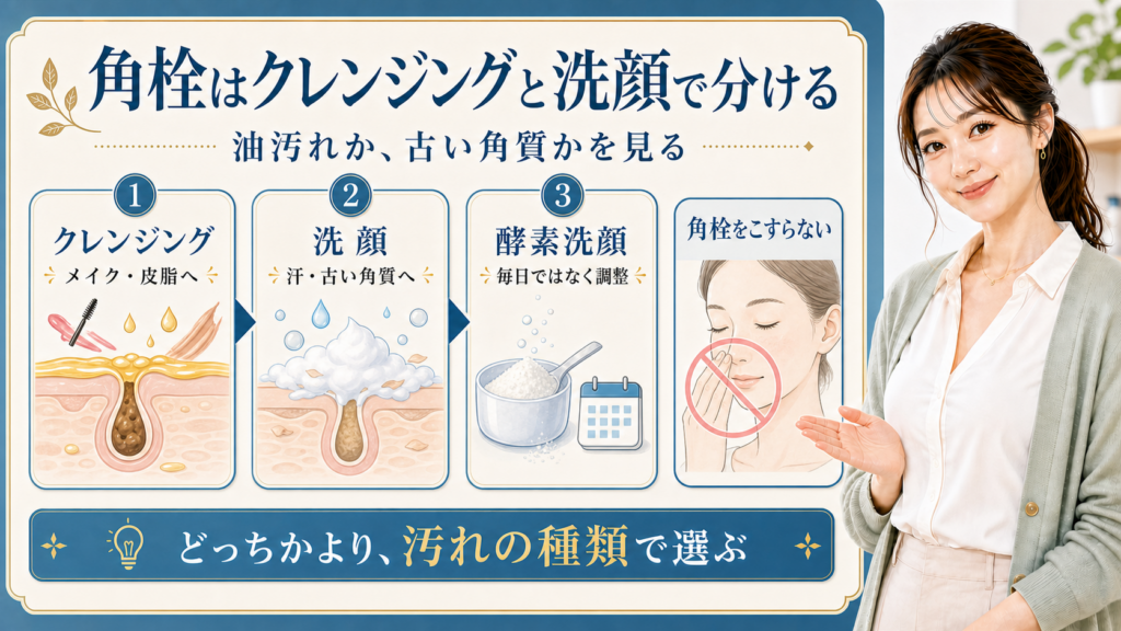 角栓をクレンジング・洗顔・酵素洗顔で汚れの種類別に分ける解説ボード
