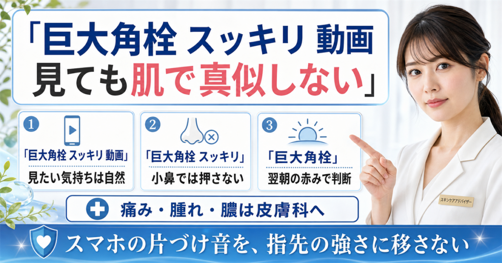巨大角栓スッキリ動画を見ても肌で真似しない境界を示すアイキャッチ