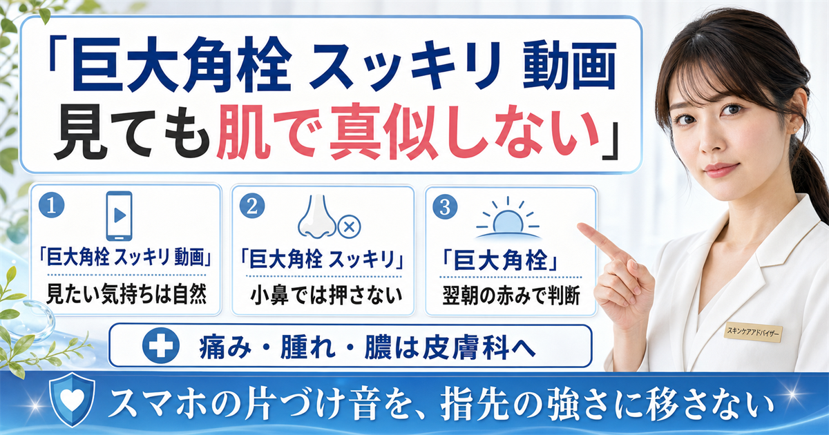 巨大角栓スッキリ動画を見ても肌で真似しない境界を示すアイキャッチ