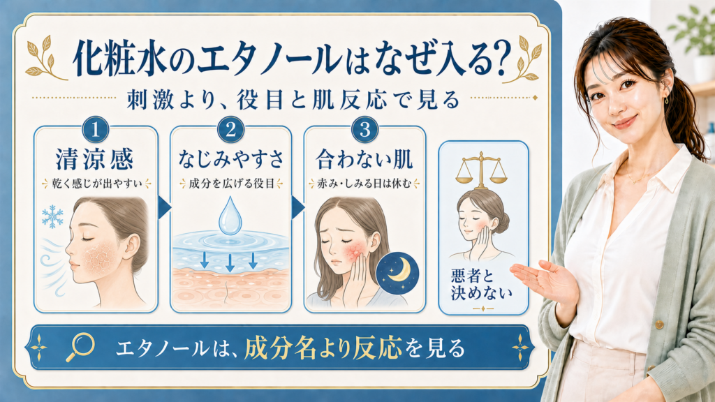 化粧水のエタノールがなぜ入るかを役目と肌反応で見る解説ボード