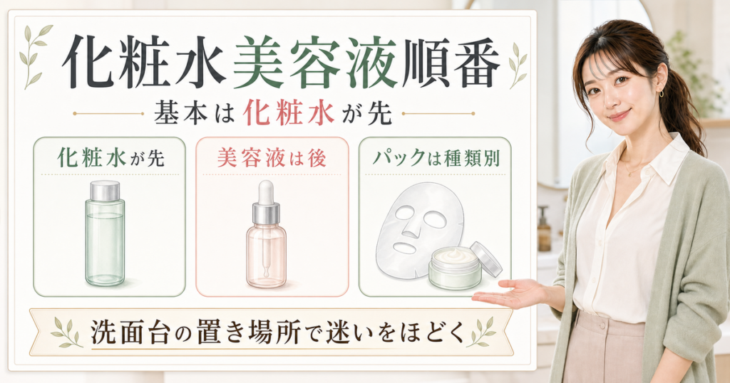 20代女性の解説者が化粧水美容液順番を、化粧水が先・美容液は後・パックは種類別で示す美容ボード