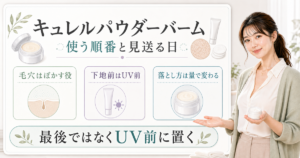 20代女性の解説者がキュレルパウダーバームの毛穴・UV前・落とし方を示す美容ボード