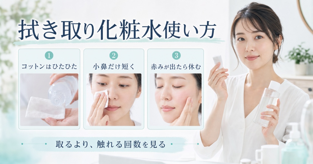 拭き取り化粧水の使い方を、コットンの量・小鼻だけ短く・赤みが出たら休むの3カードで示す女性美容解説者