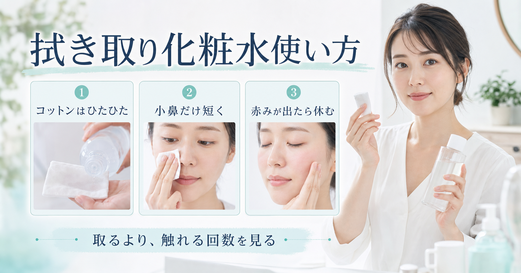 拭き取り化粧水の使い方を、コットンの量・小鼻だけ短く・赤みが出たら休むの3カードで示す女性美容解説者
