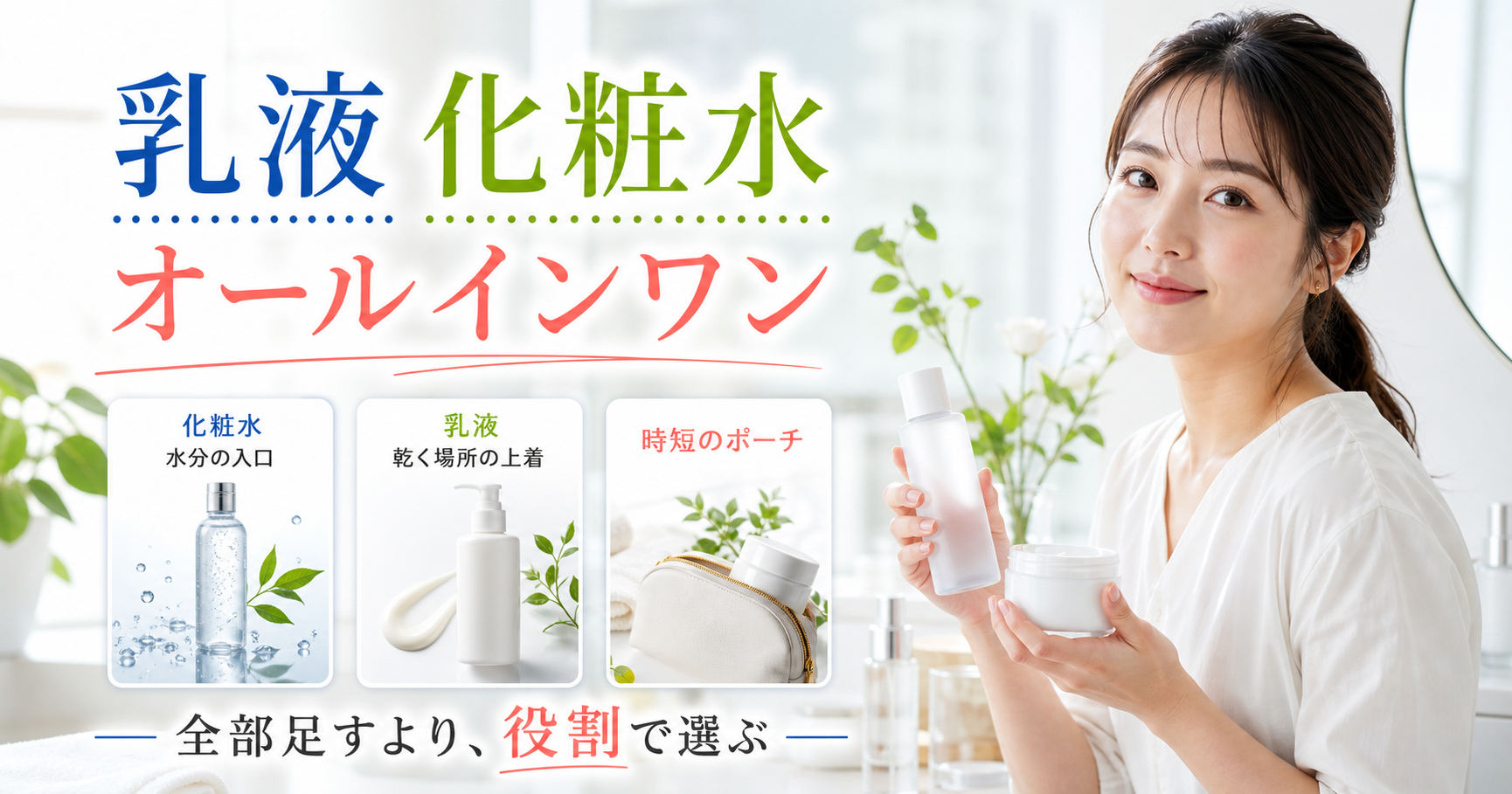 乳液化粧水とオールインワンの違いを、化粧水・乳液・時短のポーチの3カードで示す女性美容解説者