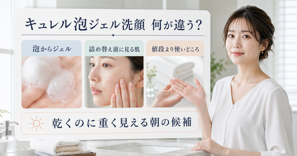 キュレル泡ジェル洗顔を泡からジェル、詰め替え前の肌、使いどころで見るアイキャッチ