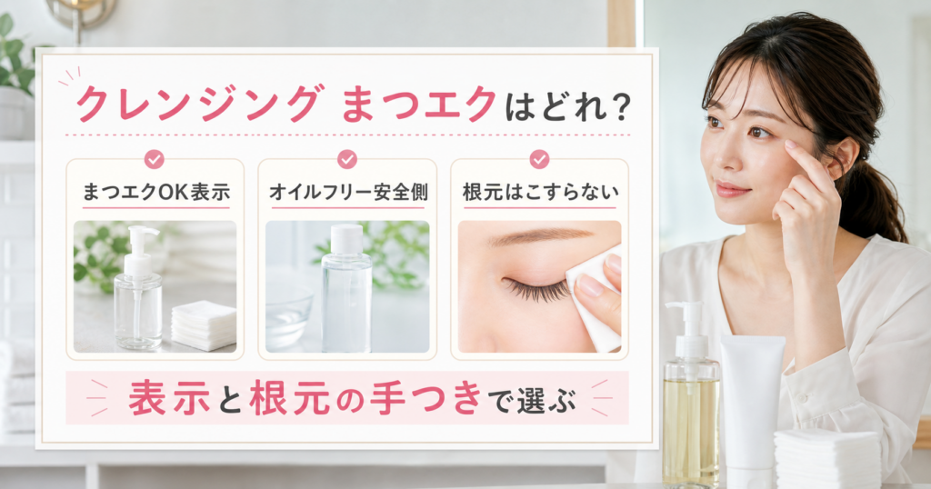 まつエク中のクレンジングをまつエクOK表示、オイルフリー、根元をこすらないで選ぶアイキャッチ