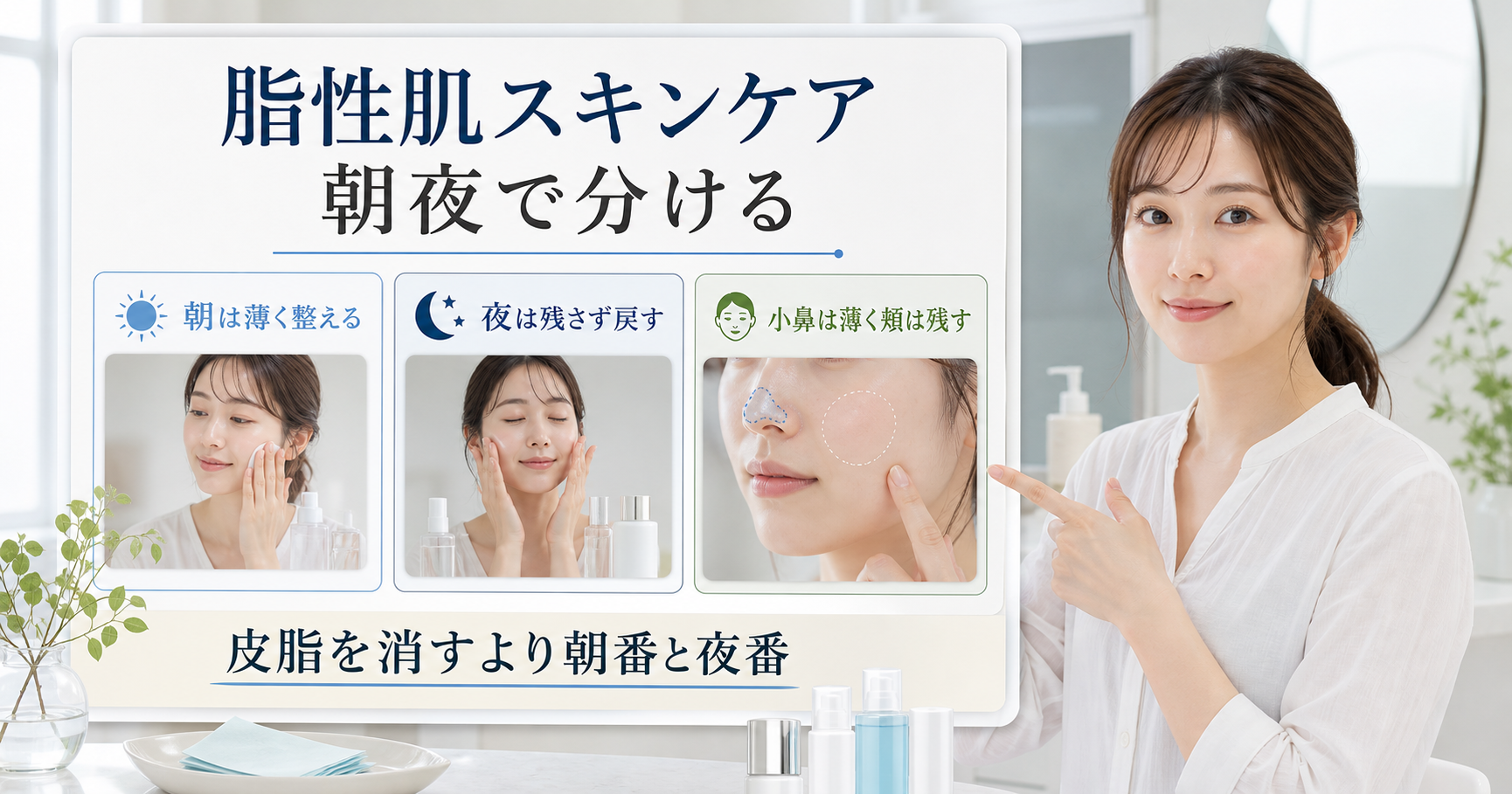 脂性肌スキンケアを朝は薄く整え夜は戻し小鼻と頬で分けるアイキャッチ