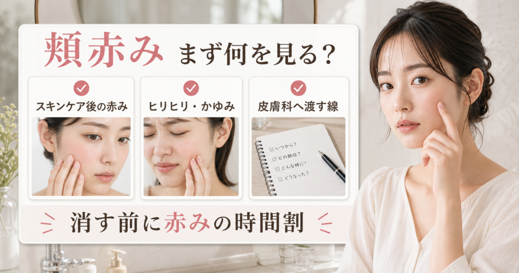 頬の赤みをスキンケア後の赤み、ヒリヒリやかゆみ、皮膚科へ渡す線で見るアイキャッチ