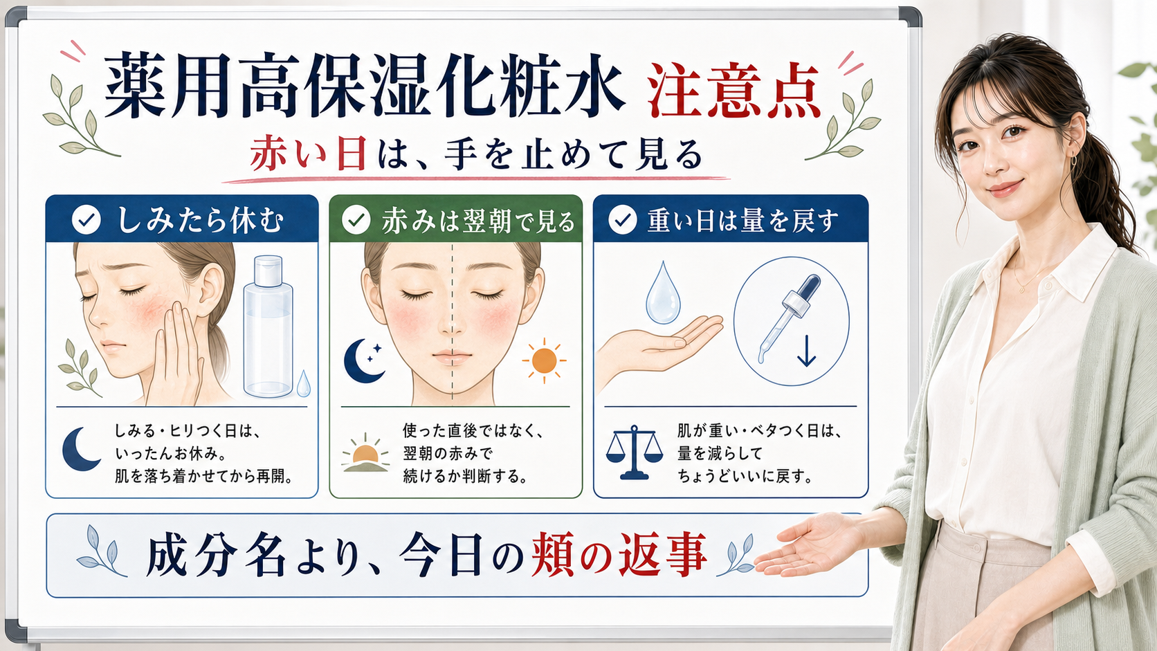 薬用高保湿化粧水 注意点 赤い日は、手を止めて見る