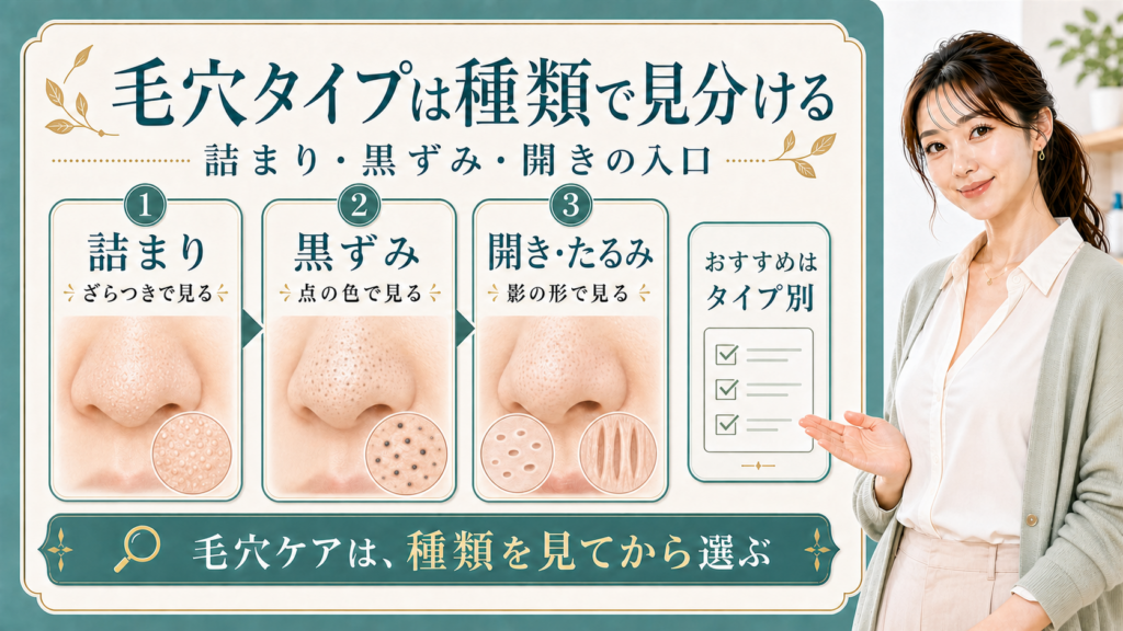毛穴タイプを詰まり・黒ずみ・開きで見分ける美容解説ボード