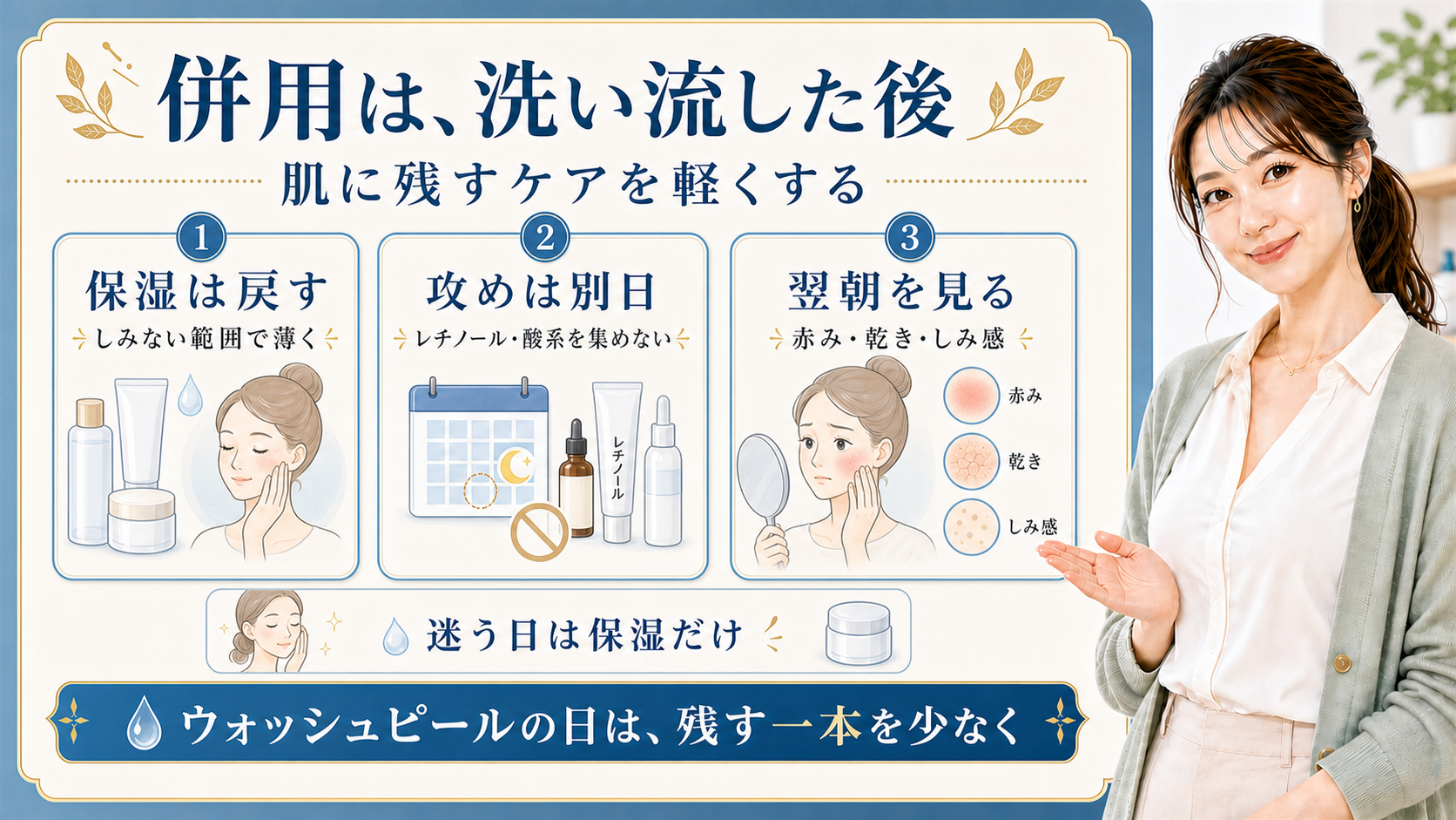 併用は、洗い流した後 肌に残すケアを軽くする