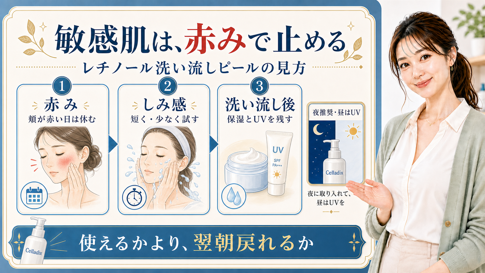 敏感肌は、赤みで止める レチノール洗い流しピールの見方