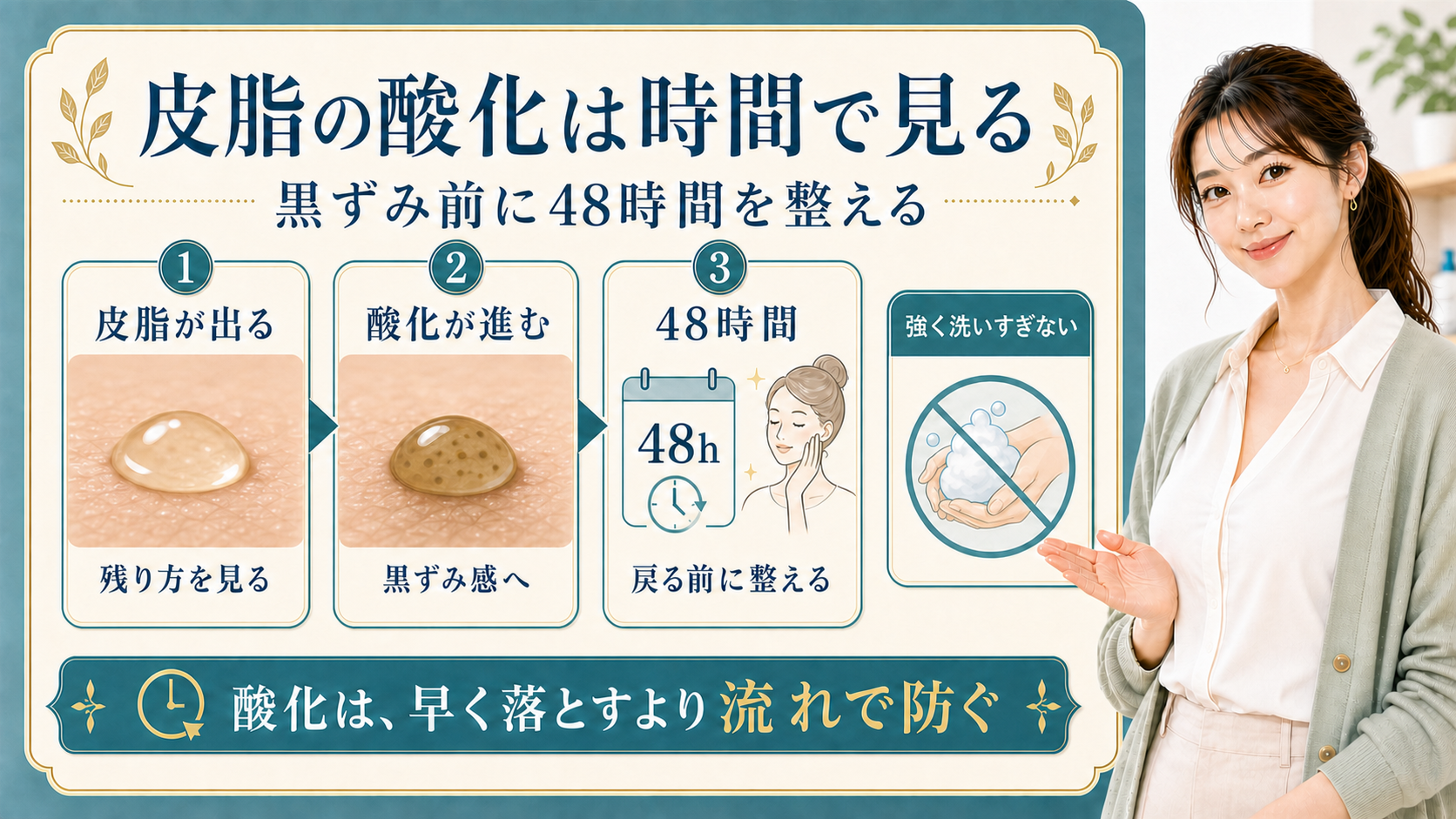 皮脂の酸化を時間と48時間ケアで整理する美容解説ボード