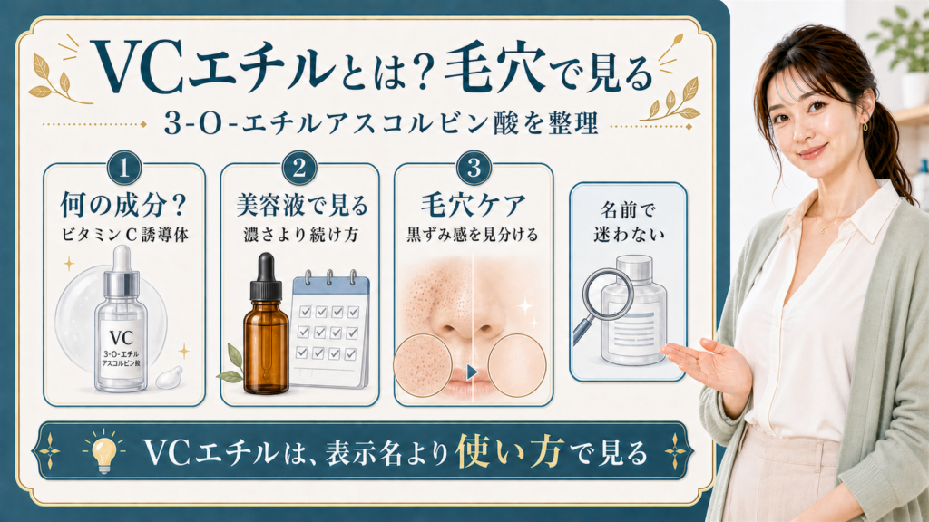 VCエチルを成分・美容液・毛穴ケアで整理する美容解説ボード