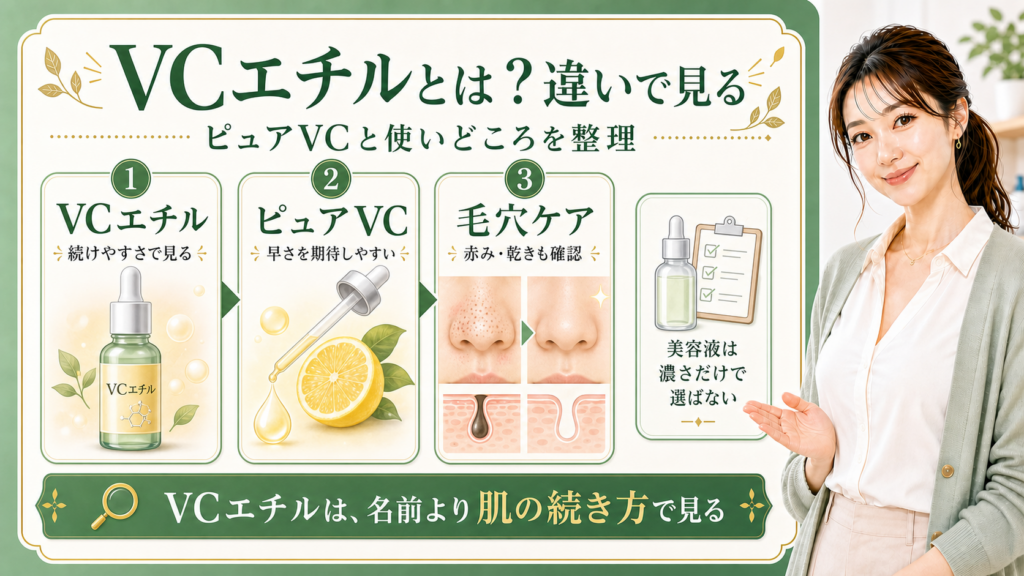 VCエチルとピュアビタミンCの違いを毛穴ケアで整理する美容解説ボード