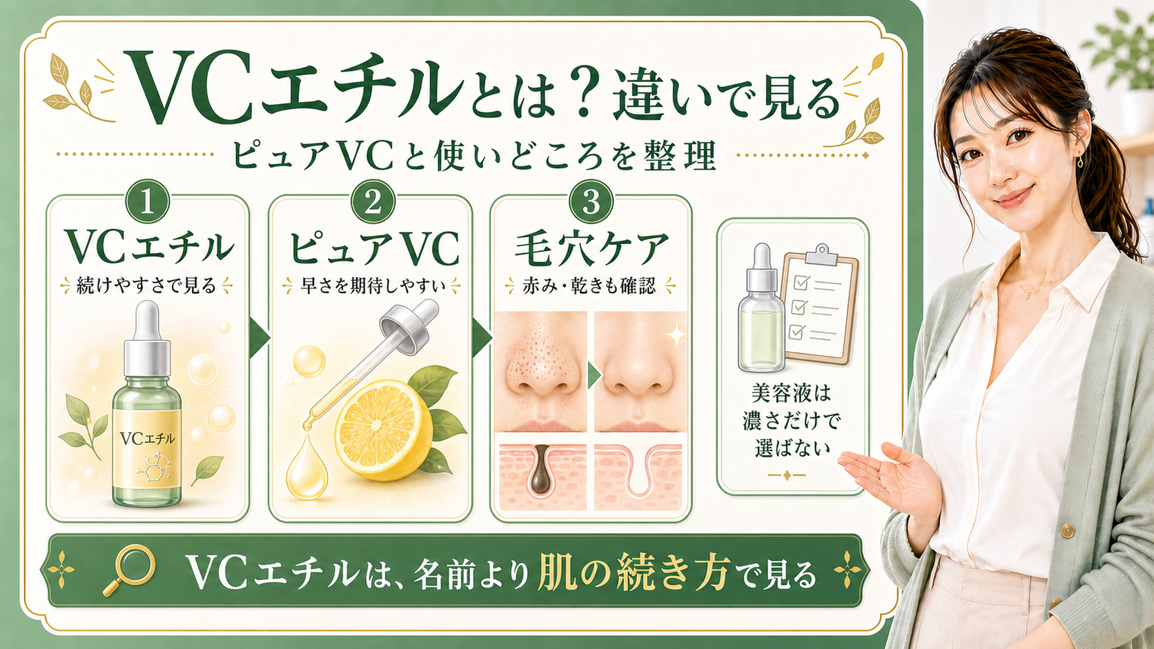 VCエチルとピュアビタミンCの違いを毛穴ケアで整理する美容解説ボード
