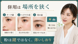 ノーセバム ミネラルパウダー Nの併用位置をチーク前、ハイライト前、眉前で示すアイキャッチ