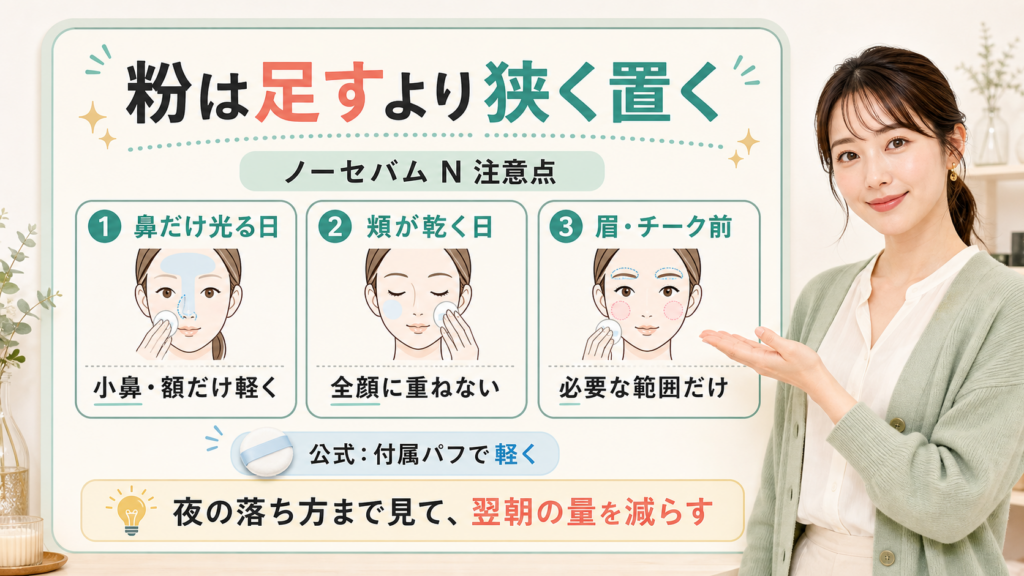 ノーセバム ミネラルパウダー Nの注意点を厚塗り、乾燥、落とす時で示すアイキャッチ