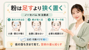 ノーセバム ミネラルパウダー Nの注意点を厚塗り、乾燥、落とす時で示すアイキャッチ