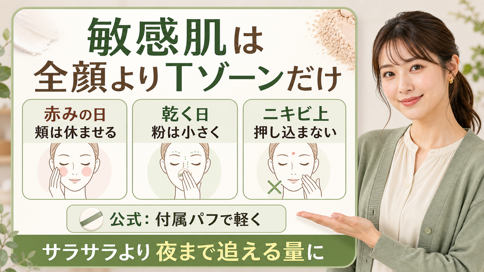 ノーセバム ミネラルパウダー Nを敏感肌で使う時のTゾーン部分使いを示すアイキャッチ