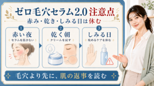 MEDICUBE ゼロ毛穴セラム2.0の赤み・乾燥・しみる日の注意点を整理する美容解説ボード