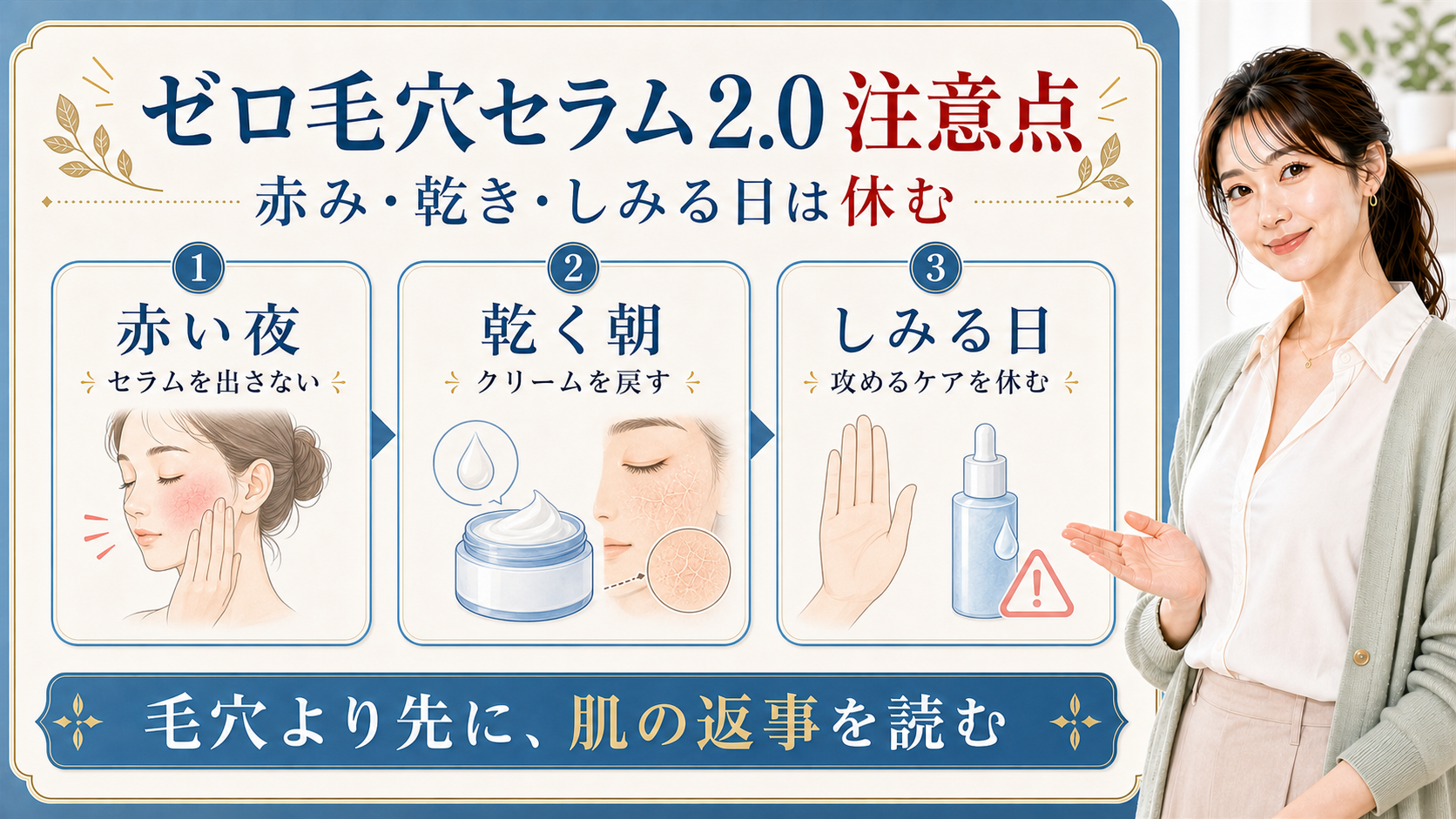 MEDICUBE ゼロ毛穴セラム2.0の赤み・乾燥・しみる日の注意点を整理する美容解説ボード