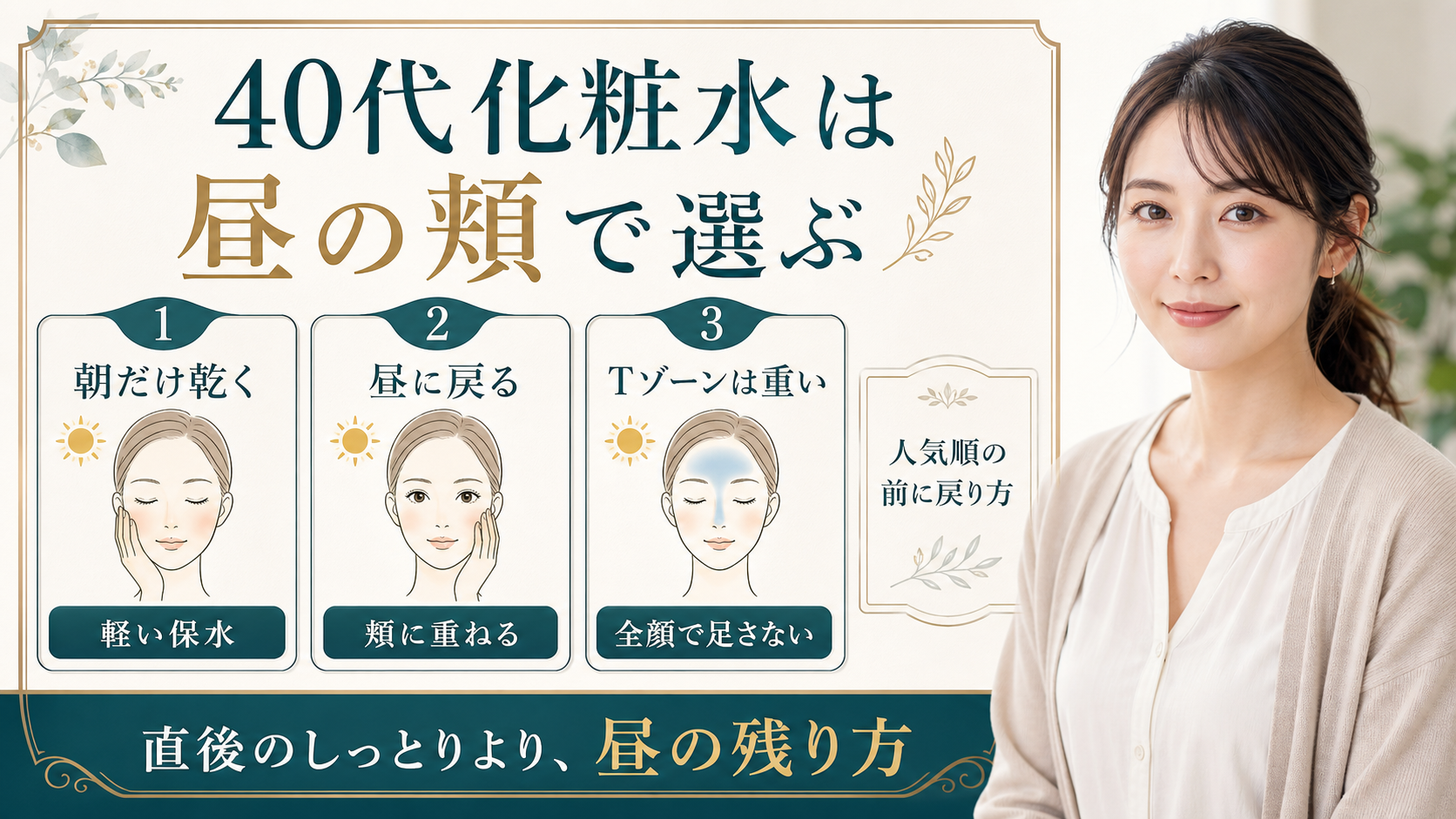 40代の化粧水選びを昼の頬の乾き戻りで示すアイキャッチ