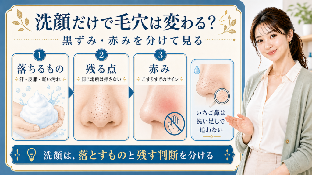 洗顔だけで落ちるものと残る黒ずみ赤みを分ける美容解説ボード
