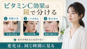 ビタミンCの肌効果を皮脂、くすみ見え、乾きで分けるアイキャッチ