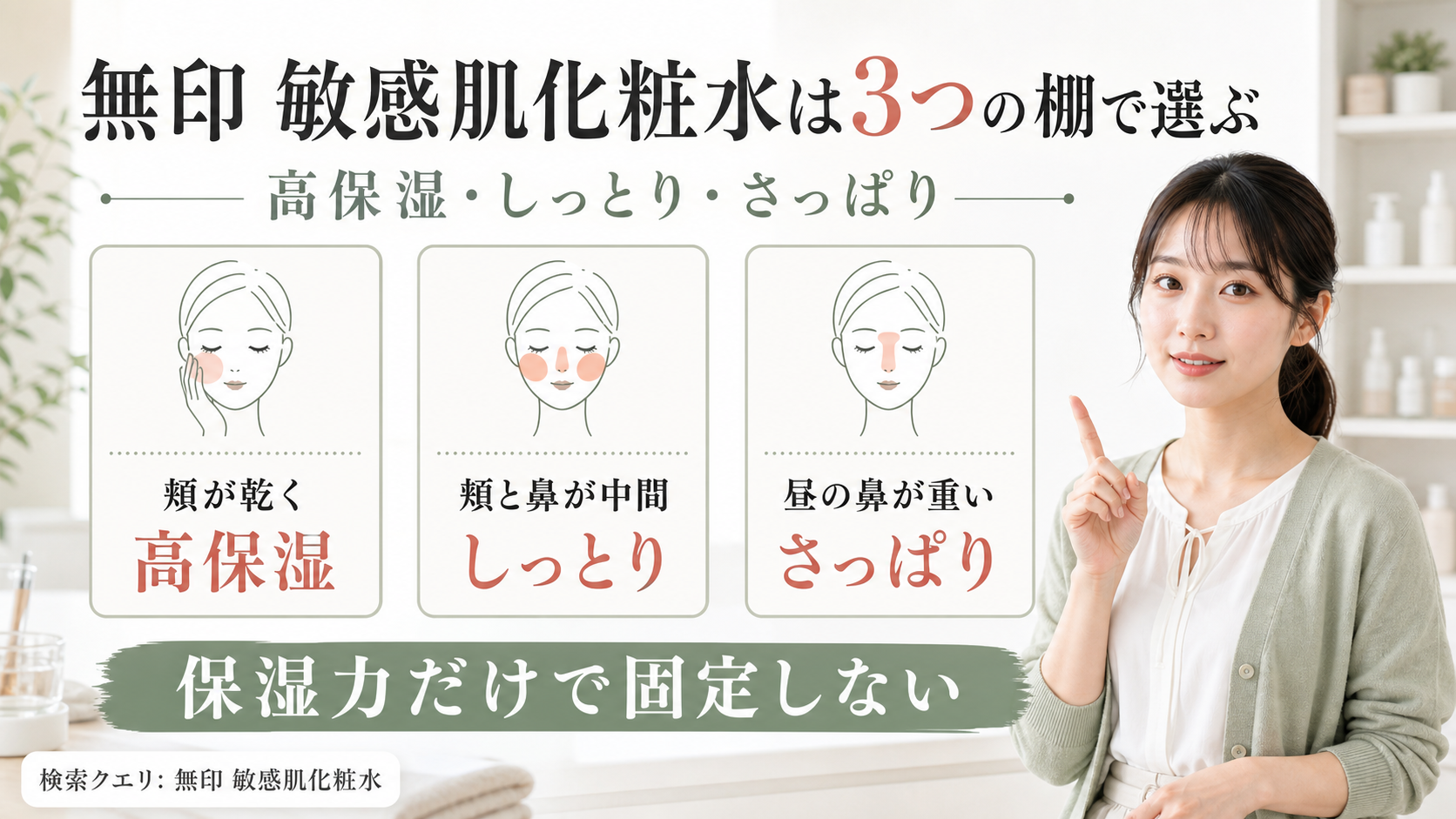 無印敏感肌化粧水の3つの選び方を示す美容メディア解説ボード