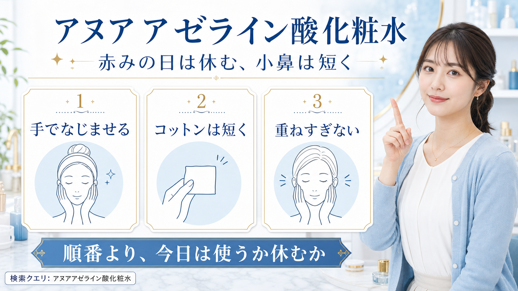 アヌアアゼライン酸化粧水の使う日と休む日を3カードで示す美容メディア解説ボード