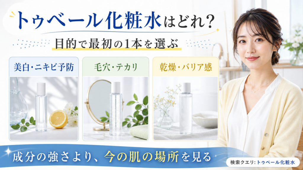 トゥベール化粧水の目的別選び方を3カードで示す美容メディア解説ボード