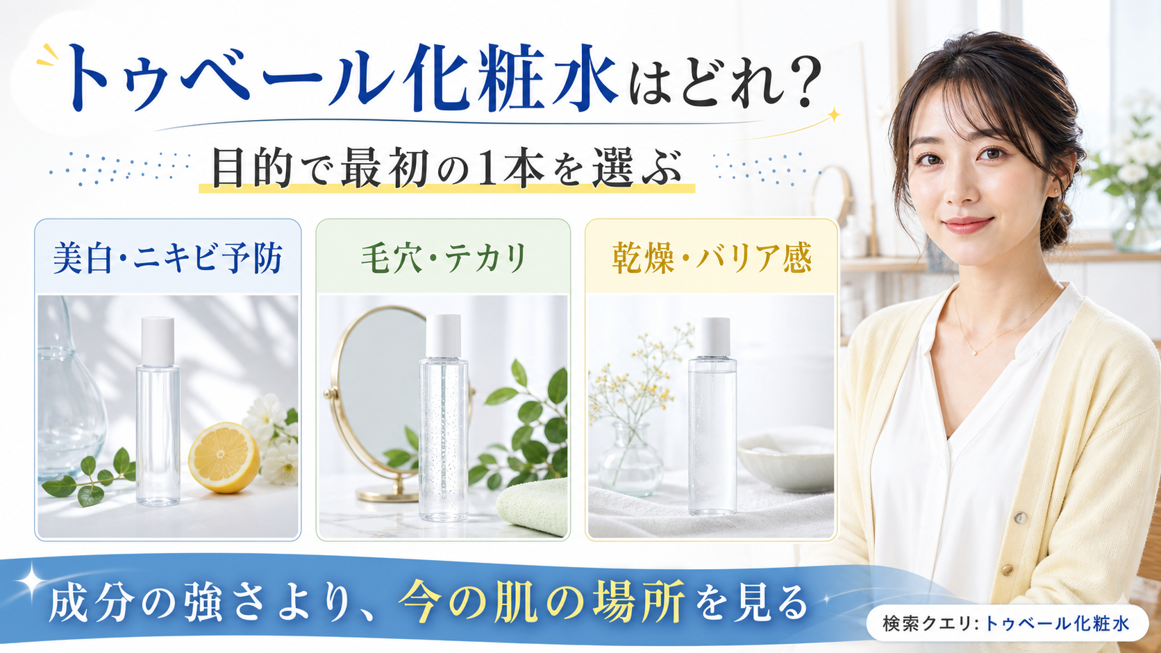 トゥベール化粧水の目的別選び方を3カードで示す美容メディア解説ボード