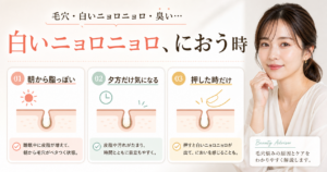 毛穴の白いニョロニョロが臭い時に朝・夕方・押した時で見分ける美容解説ボード