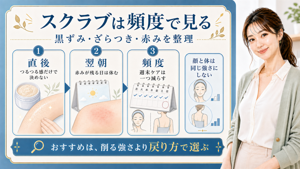 スクラブの黒ずみざらつき赤みを頻度と翌朝で判断する美容解説ボード