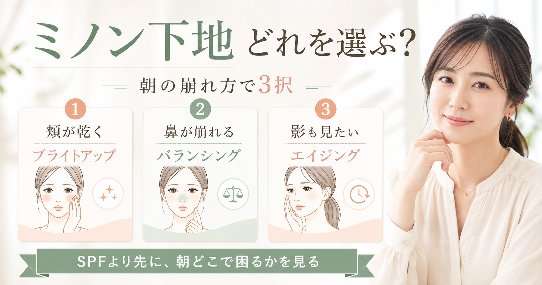 ミノン下地を頬の乾燥、鼻の崩れ、年齢サインで選ぶ美容解説ボード