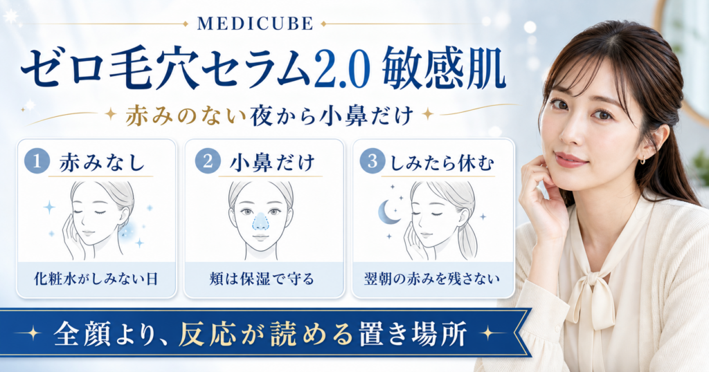 MEDICUBE ゼロ毛穴セラム2.0を敏感肌で使う時の赤みなし・小鼻だけ・休む日を整理する美容解説ボード