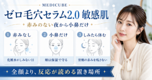 MEDICUBE ゼロ毛穴セラム2.0を敏感肌で使う時の赤みなし・小鼻だけ・休む日を整理する美容解説ボード