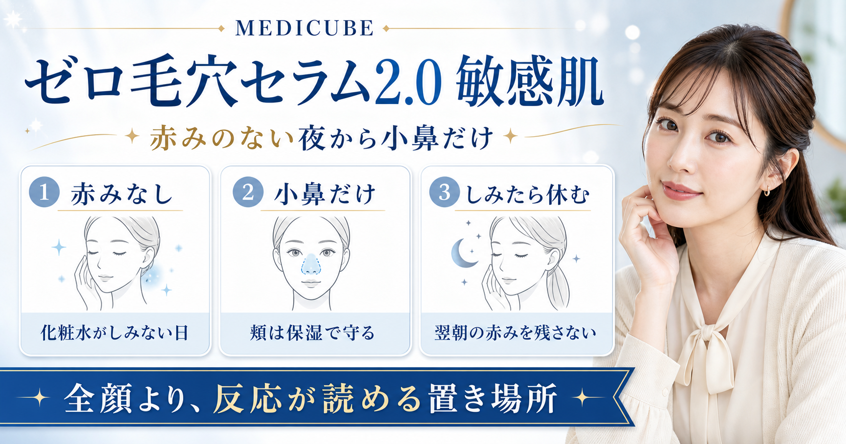 MEDICUBE ゼロ毛穴セラム2.0を敏感肌で使う時の赤みなし・小鼻だけ・休む日を整理する美容解説ボード