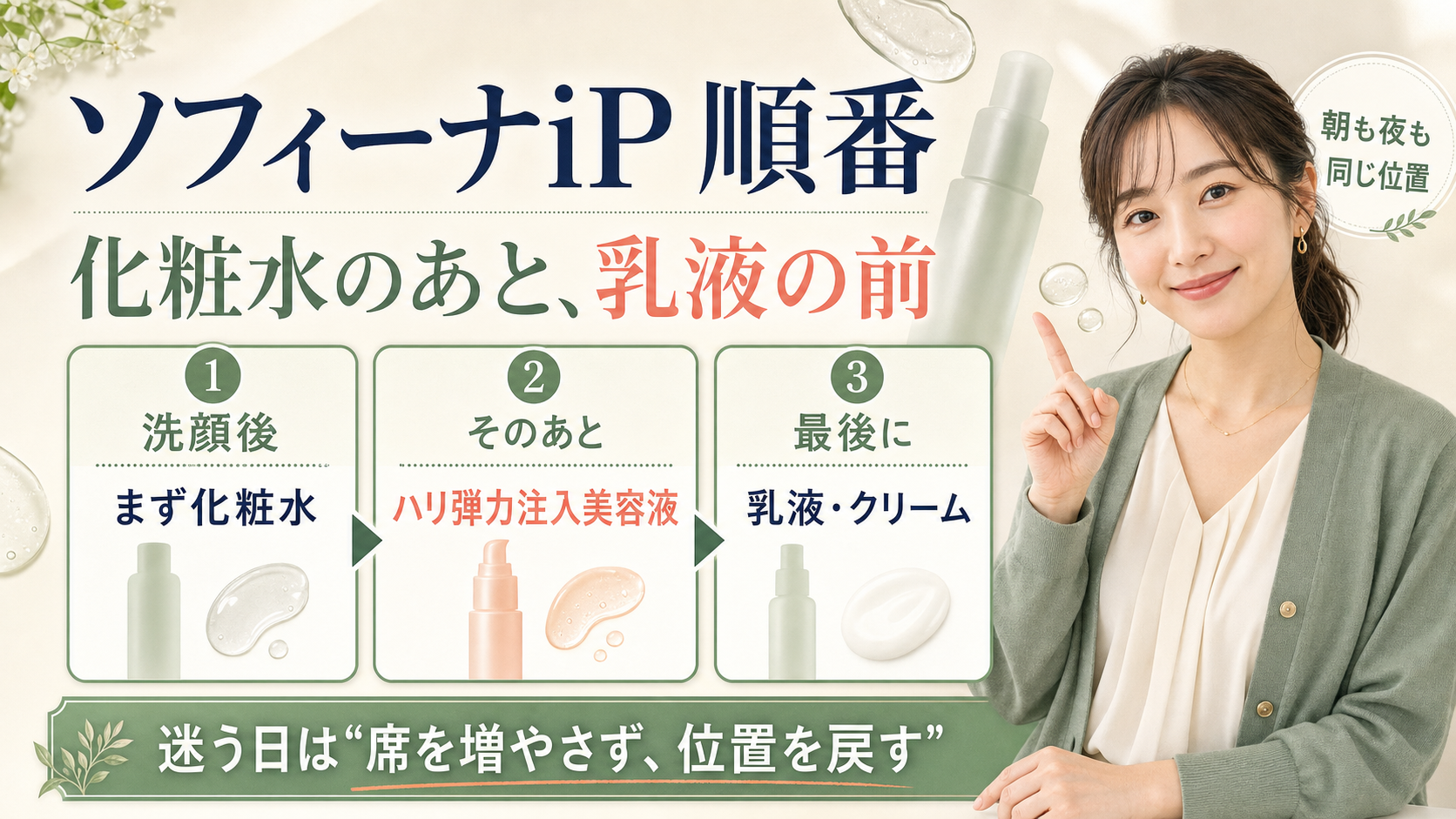 ソフィーナiP ハリ弾力注入美容液の順番を化粧水のあと乳液の前と示す美容メディア図解