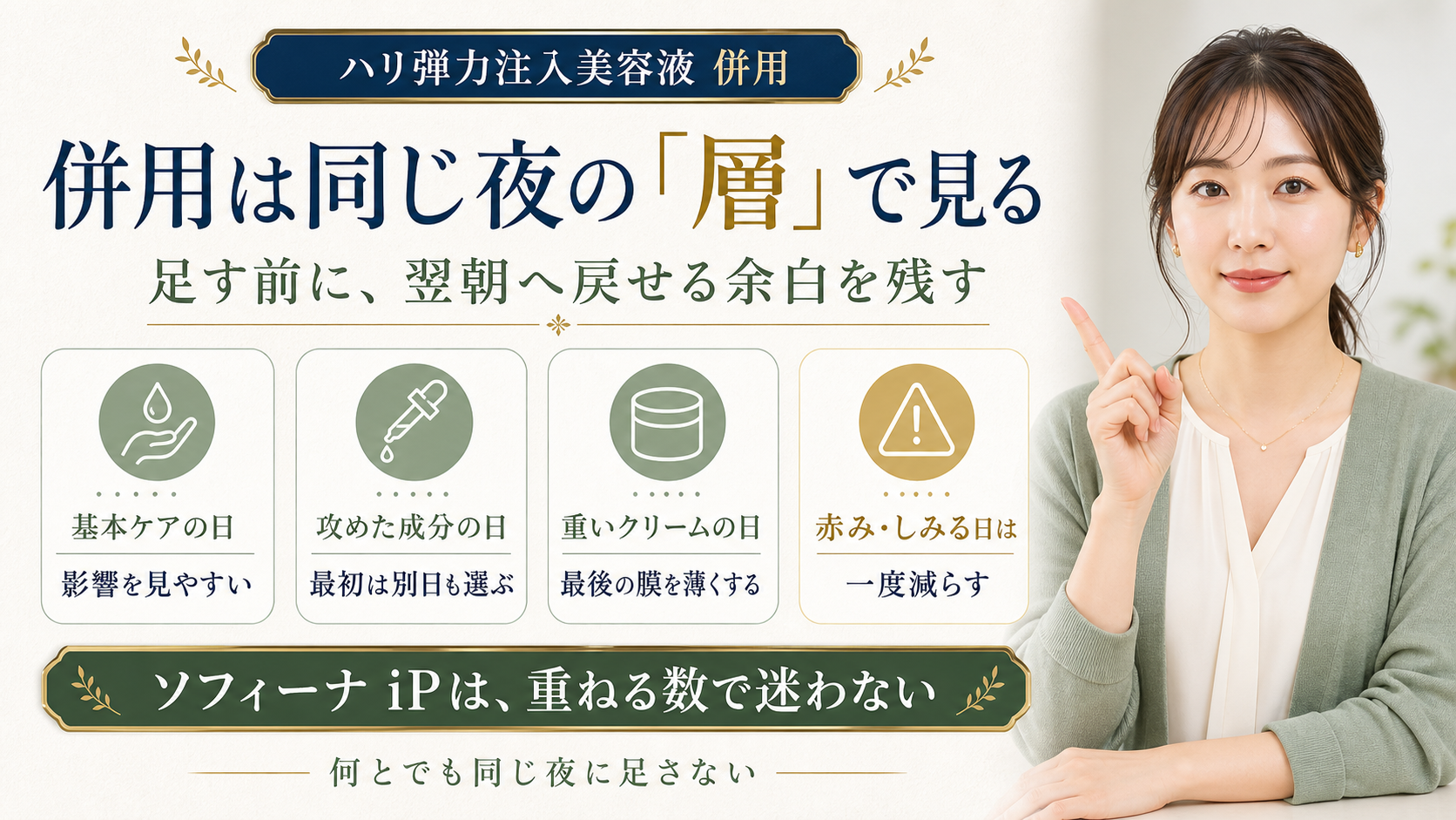 ソフィーナ iP ハリ弾力注入美容液の併用を同じ夜の層で示す図解