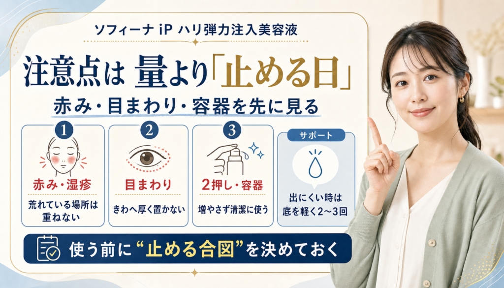 ソフィーナ iP ハリ弾力注入美容液の注意点を量より止める日で示す図解