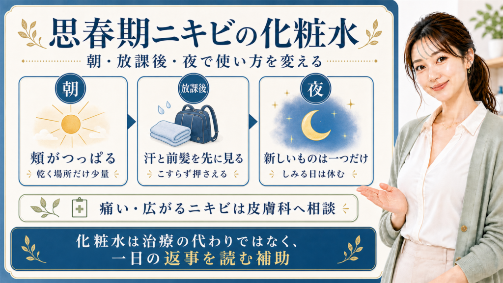 思春期ニキビの化粧水を朝放課後夜で使い分ける図解