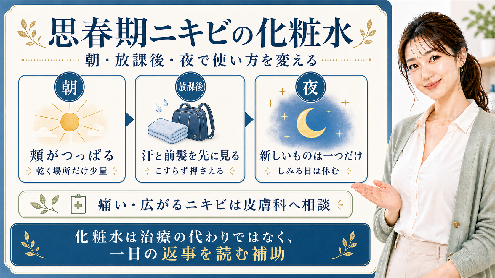 思春期ニキビの化粧水を朝放課後夜で使い分ける図解