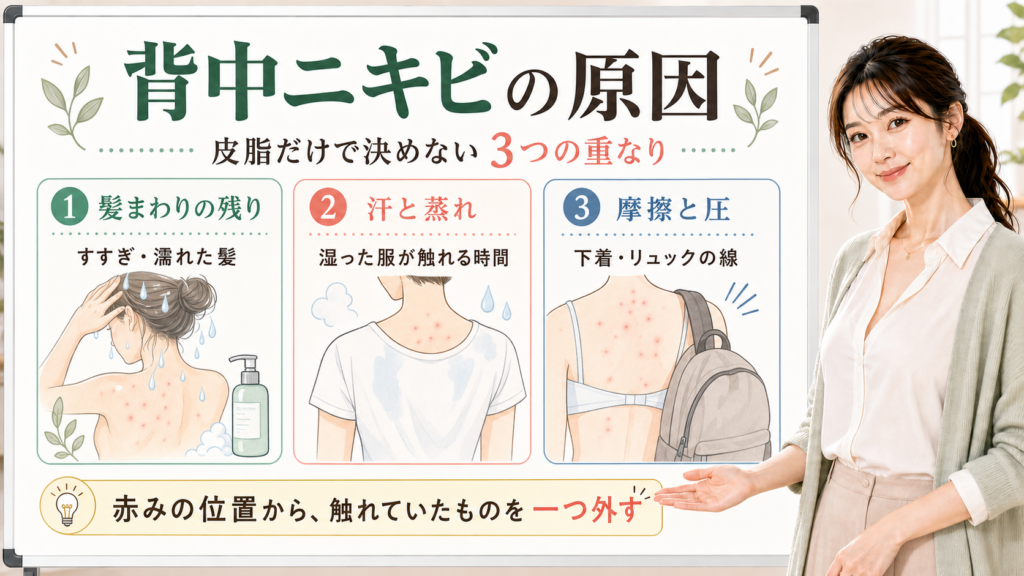 背中ニキビの原因を髪まわり汗と蒸れ摩擦で分ける図解