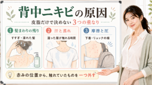 背中ニキビの原因を髪まわり汗と蒸れ摩擦で分ける図解